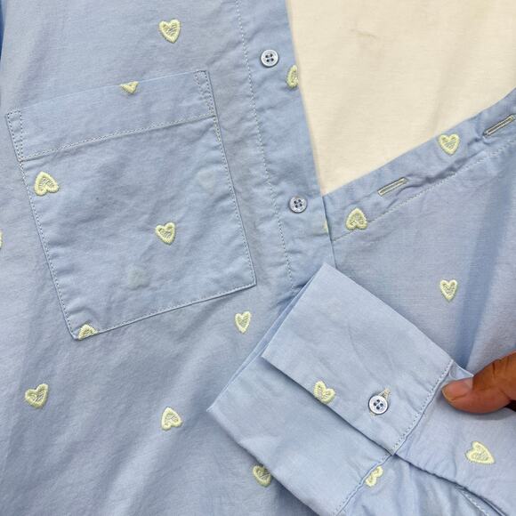 Maje Off-Shoulder Heart Pattern Pop Over  Poplin Blouse Women's S Blue White - Picture 6 of 11